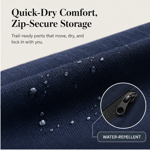 Navy Quick Dry Trekking Pants | Women's Hiking Joggers - Zip Pockets, Elastic Waist features