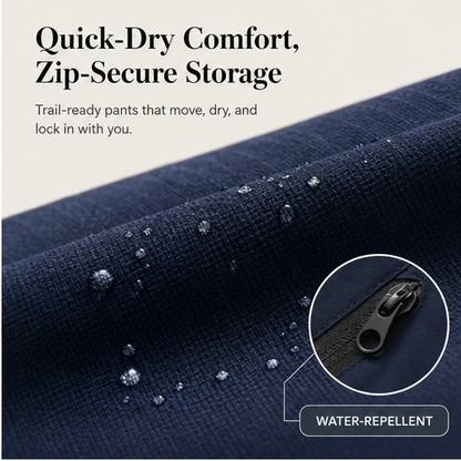 Navy Quick Dry Trekking Pants | Women's Hiking Joggers - Zip Pockets, Elastic Waist features