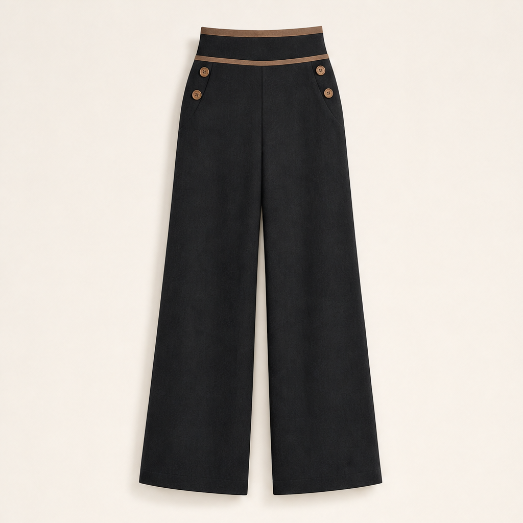 Beige Wide-Leg Trousers | High-Waisted Contrast Trim Trousers for Women - Button Pocket Detail Black