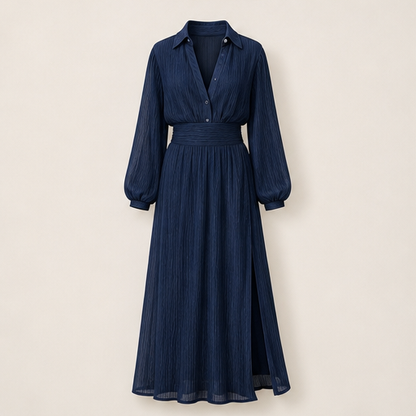 Champagne Chiffon Maxi Dress | V-Neck Slit Dress for Women - Long Sleeve Collared Style Navy