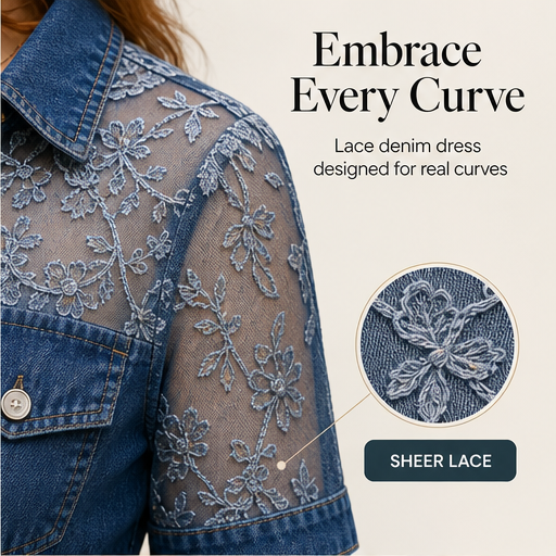 Denim Mini Dress | Sheer Lace Shirt Dress for Women - Button-Front with Pockets features