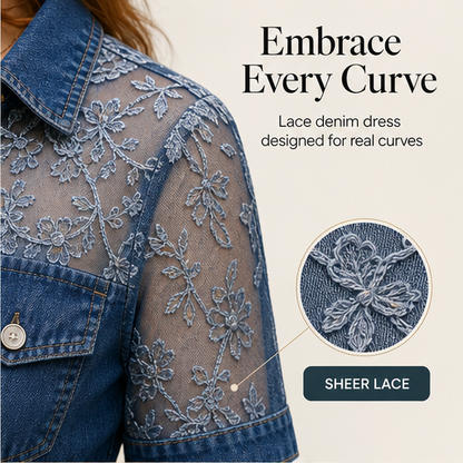 Denim Mini Dress | Sheer Lace Shirt Dress for Women - Button-Front with Pockets features