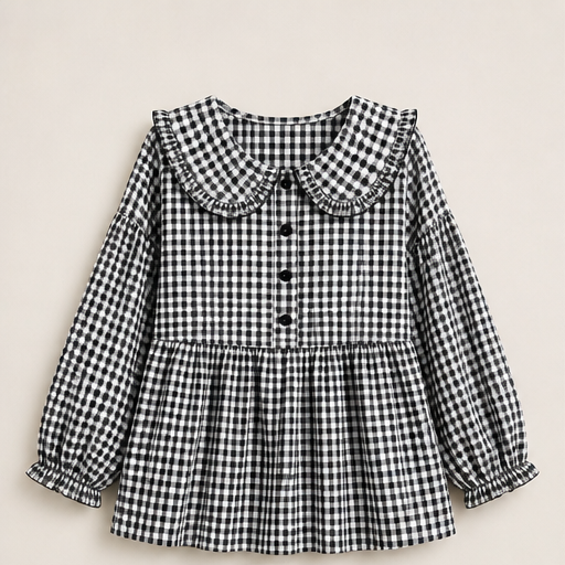 Red Gingham Top | Ruffled Peter Pan Collar Blouse - Puff Sleeve Casual Shirt for Women Black Gingham