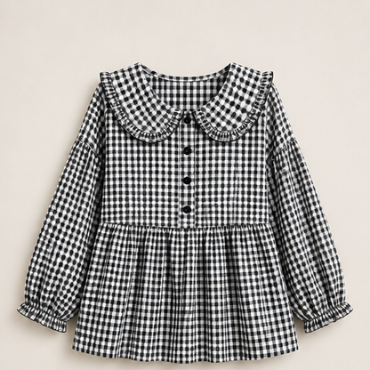 Red Gingham Top | Ruffled Peter Pan Collar Blouse - Puff Sleeve Casual Shirt for Women Black Gingham