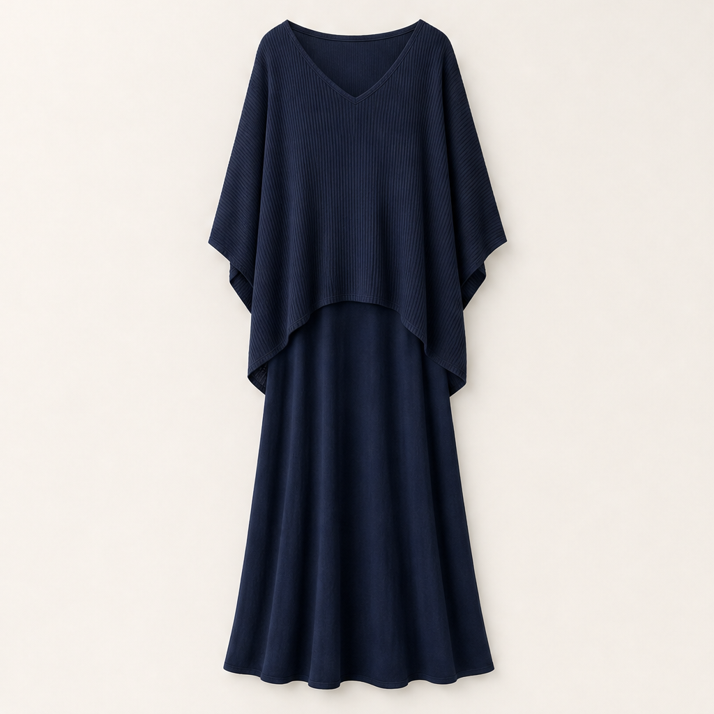 Black Cami Maxi Dress & Cover-Up Top Set | Two-Piece Boho Outfit - Batwing Knit Topper with Slip Dress Navy