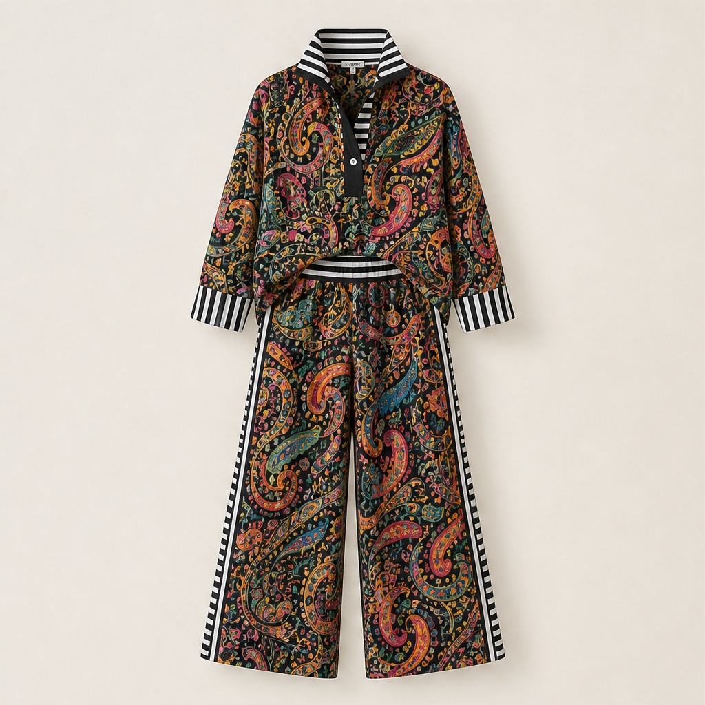 Pink Paisley Two-Piece Set | Contrast-Stripe Wide-Leg Trouser & Top - Women's Matching Set Black Paisley