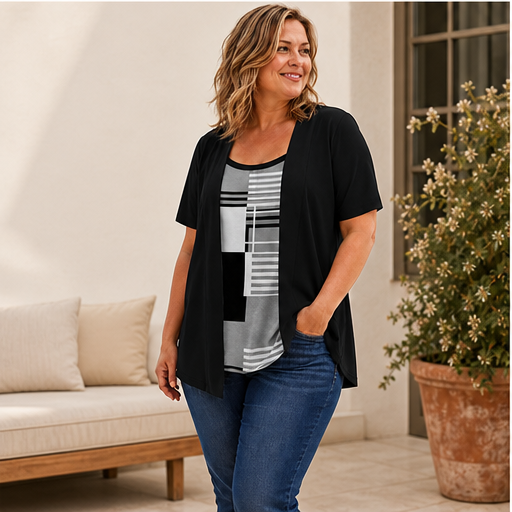 Black Fake Two Piece Top | Colour-Block Layered Look Blouse - Short Sleeve Cardigan Style features
