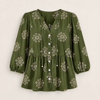 Khaki Green Floral Peplum Blouse | Boho V-Neck Button-Down Top - Puff Sleeve Tie Neck Khaki Green