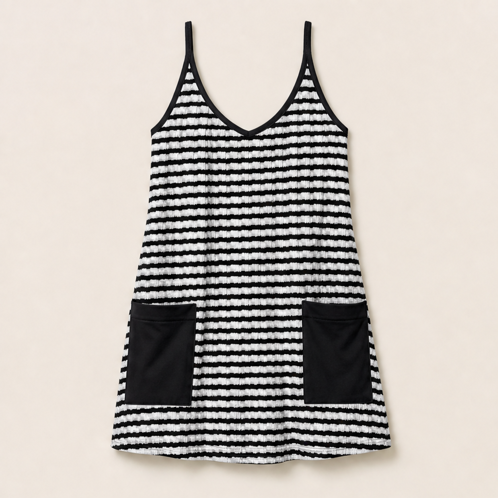 Brown Stripe Mini Romper Dress | Built-In Shorts Sundress - Textured Cami Style with Pockets Black Stripe