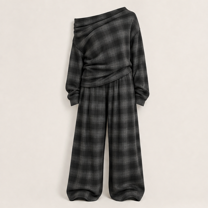 Grey Plaid Off Shoulder Top and Pants Set | Loose Two Piece Outfit - Wide Leg Trousers Grey Plaid