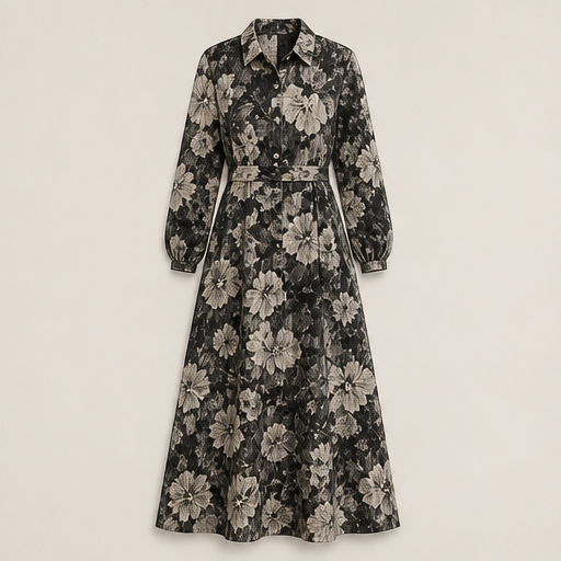 Blue Floral Maxi Dress | Vintage Oil Painting Print Shirt Dress - Long Sleeve Straight Cut with Side Pockets Black Floral