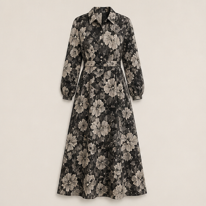 Blue Floral Maxi Dress | Vintage Oil Painting Print Shirt Dress - Long Sleeve Straight Cut with Side Pockets Black Floral