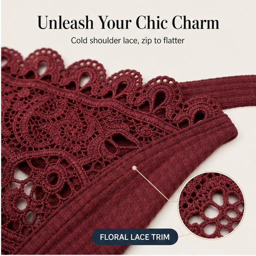 Burgundy Cold Shoulder Lace Top | Zip Front Blouse for Women - Ribbed Knit with Floral Lace Sleeves features