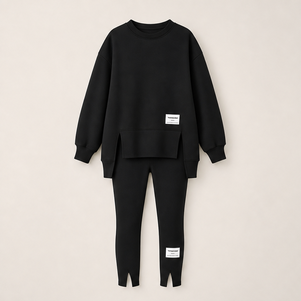 Black Sweatshirt Leggings Set | Oversized Casual Two-Piece Loungewear - Split Hem Black