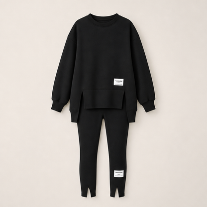 Black Sweatshirt Leggings Set | Oversized Casual Two-Piece Loungewear - Split Hem Black