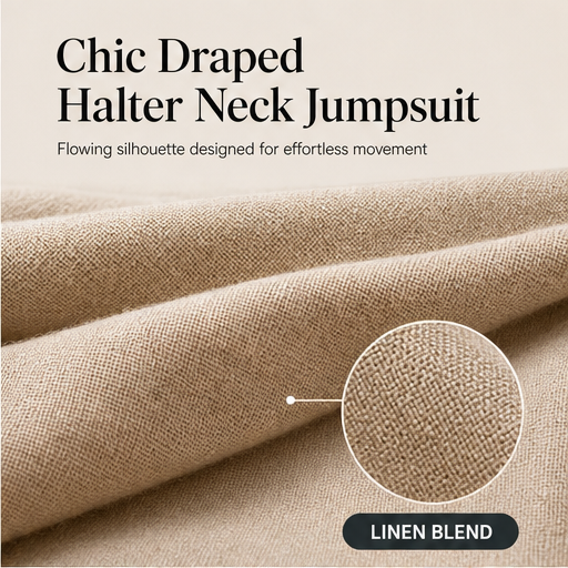 Beige Halter Neck Jumpsuit | Wide Leg Draped Style - Linen Blend Summer Playsuit features