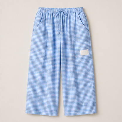 Blue Gingham Wide Leg Trousers | Women's Linen-Blend Plaid Trousers - Drawstring Waist with Pockets Blue Gingham
