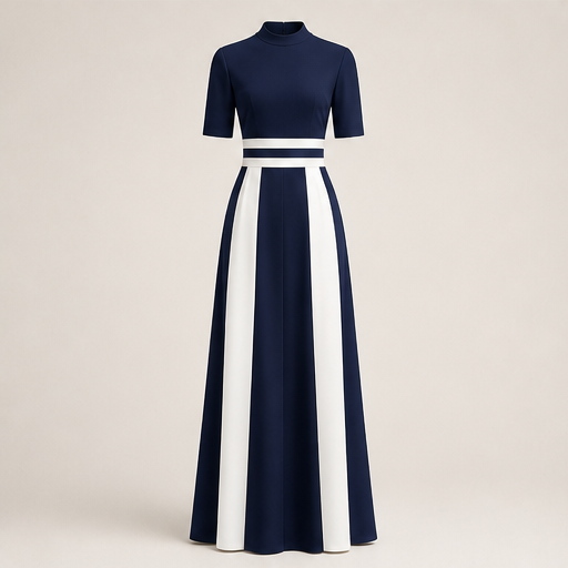 Black White Striped Maxi Dress | Mock Neck Formal Gown - Short Sleeve Colour Block Evening Dress Navy/White