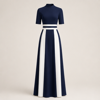 Black White Striped Maxi Dress | Mock Neck Formal Gown - Short Sleeve Colour Block Evening Dress Navy/White