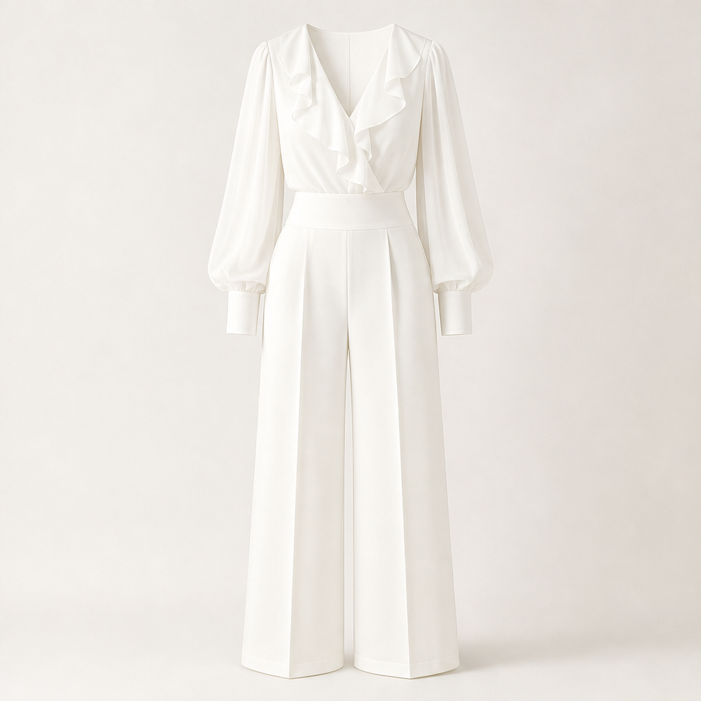 Adeline Women's Ruffled V-Neck Chiffon Top and Wide Leg Trousers Two Piece Set White