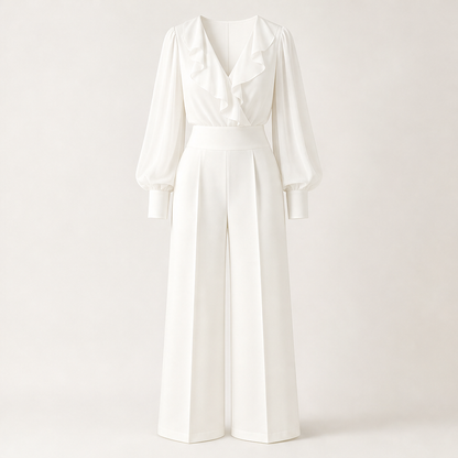 Adeline Women's Ruffled V-Neck Chiffon Top and Wide Leg Trousers Two Piece Set White