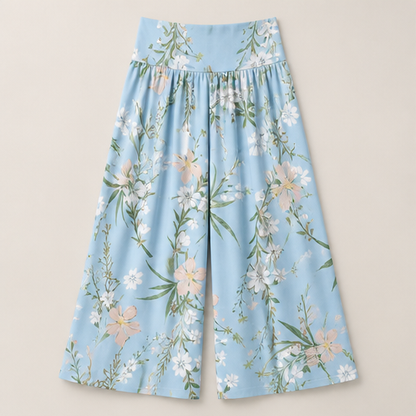 Blue Floral Wide Leg Trousers | Women's High-Waisted Palazzo Pants - Elegant Print with Pockets Blue Floral