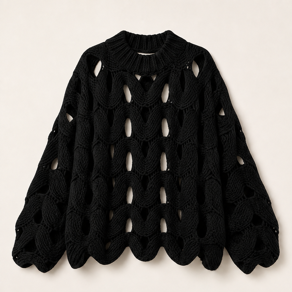 Black Cable Knit Jumper | Boho Hollow Out Balloon Sleeve Sweater - Oversized Spring Autumn Layer Black