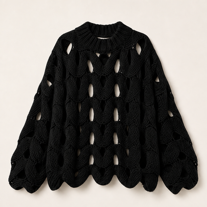 Black Cable Knit Jumper | Boho Hollow Out Balloon Sleeve Sweater - Oversized Spring Autumn Layer Black