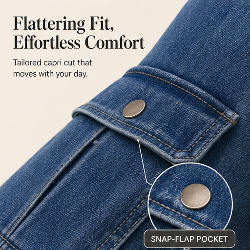 Dark Blue Capri Cargo Jeans | Women's Cropped Denim Trousers - Adjustable Hem, Straight Leg features