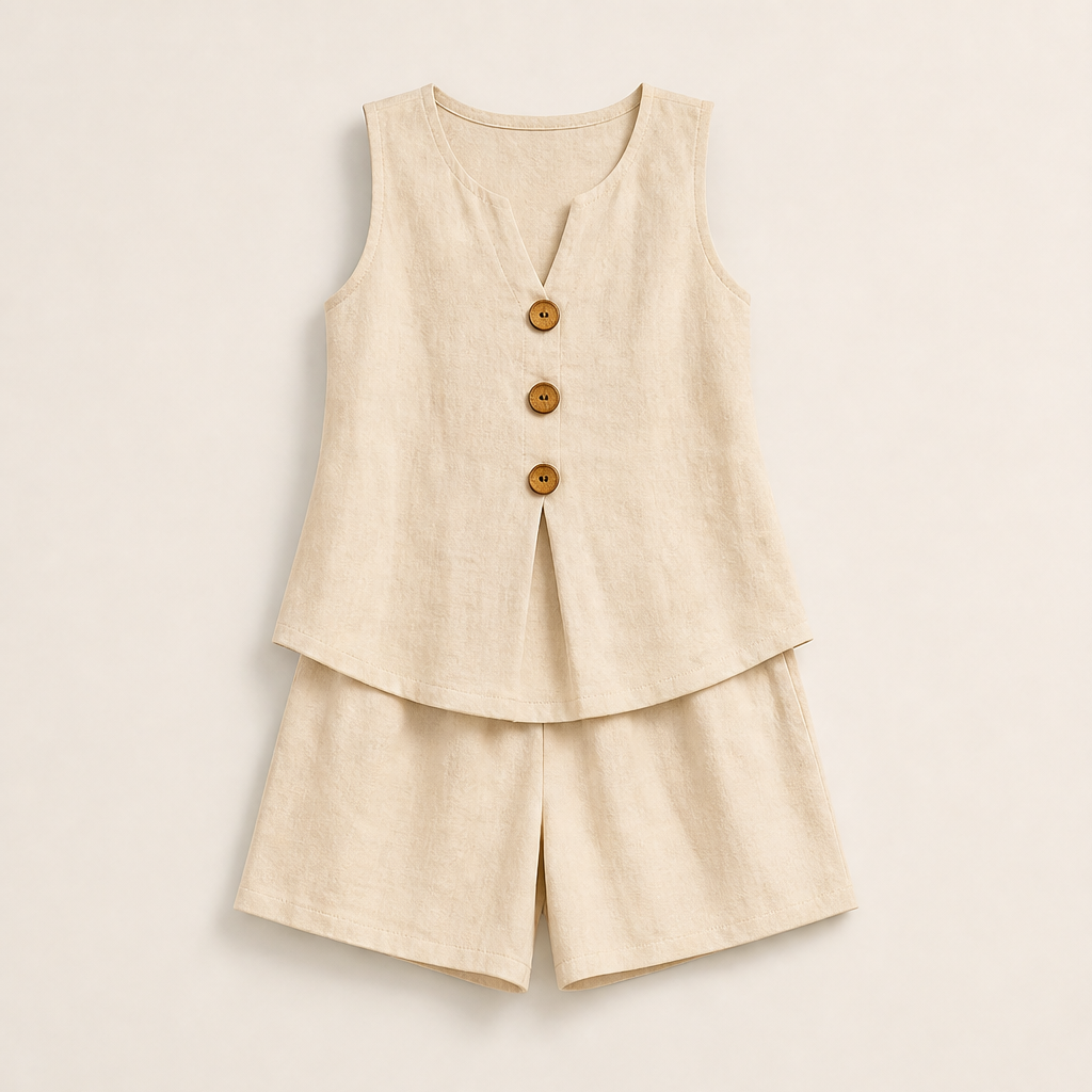 Beige Linen Two-Piece Shorts Set | Sleeveless Button Top & Shorts - Women's Summer Matching Set Beige