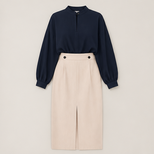 Pink Stand Collar Shirt & Midi Skirt Set | Two-Piece Suit - High-Waisted Skirt with Front Slit Navy
