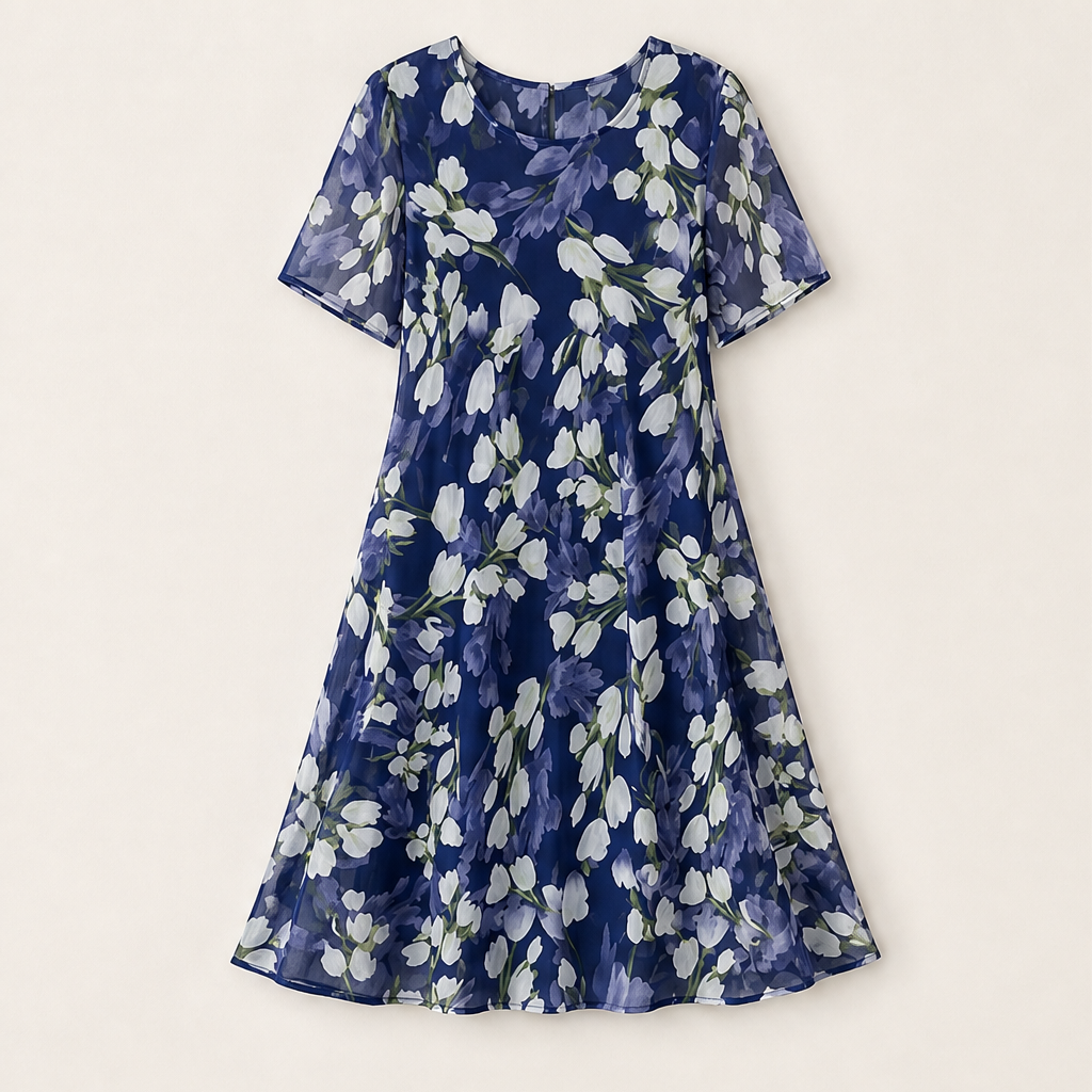 Navy Floral Chiffon A-Line Dress | Double-Layer Midi with Flutter Sleeves - Women's Occasion Wear Navy Floral