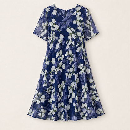 Navy Floral Chiffon A-Line Dress | Double-Layer Midi with Flutter Sleeves - Women's Occasion Wear Navy Floral