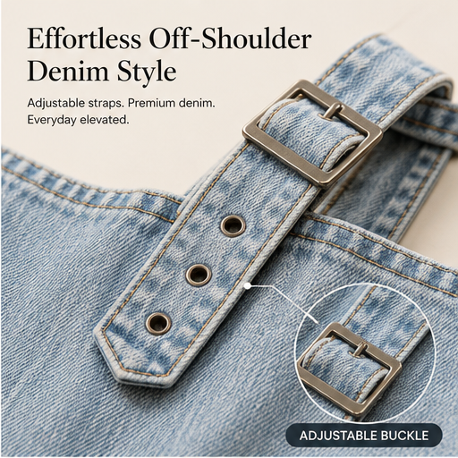 Light Blue Denim Off-Shoulder Top | Women's Buckle Strap Blouse - Long Sleeve Cropped Style features