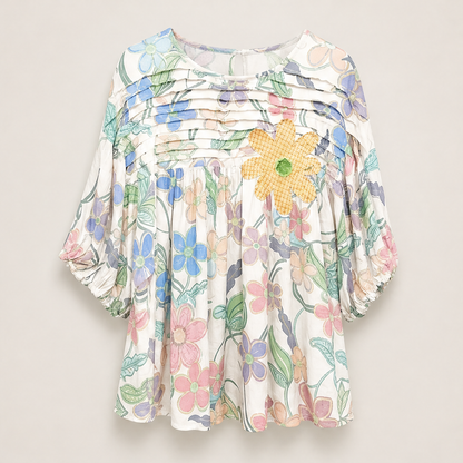 Ivory Floral Print Blouse | Pleated Applique Puff Sleeve Top - Loose Fit Cotton Blend Ivory Floral