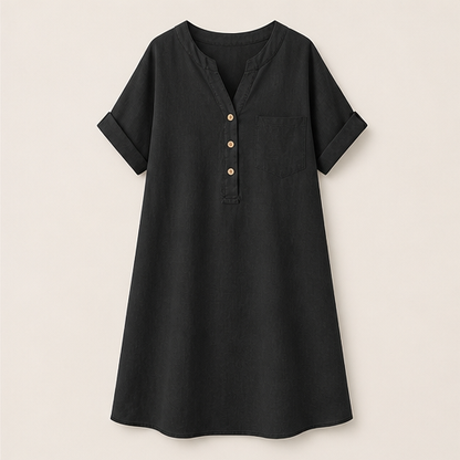Blue V-Neck A-Line Dress | Cotton-Linen Midi with Pockets - Button Placket, Roll-Sleeve Black