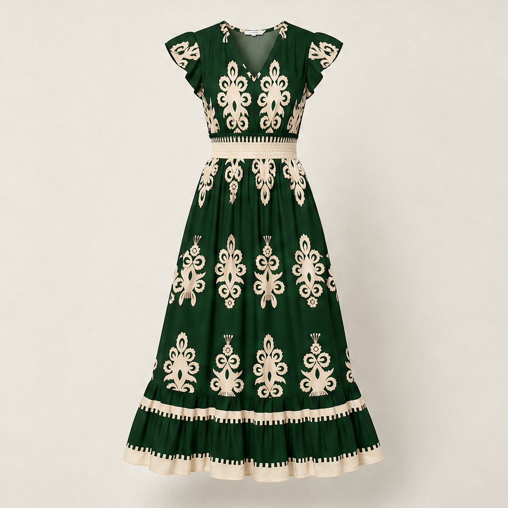 Black Baroque Print Maxi Dress | V-Neck Smocked Waist Summer Dress - Flutter Sleeve Boho Style Green