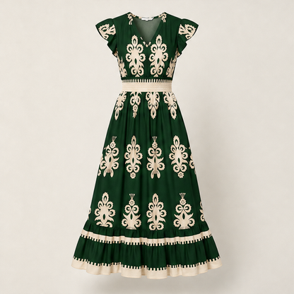 Black Baroque Print Maxi Dress | V-Neck Smocked Waist Summer Dress - Flutter Sleeve Boho Style Green