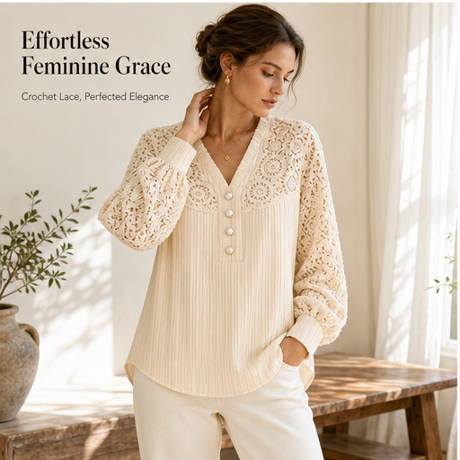 Ivory Lace Patchwork Top | Crochet V-Neck Long Sleeve Blouse - Pearl Button Detail features