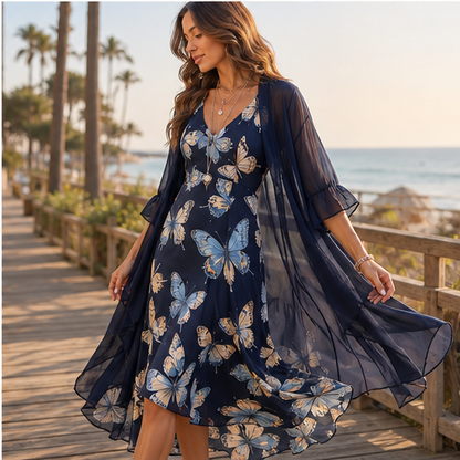 Coral Floral Swing Dress | Two-Piece Maxi Dress with Chiffon Cover-Up - Lace Detail features