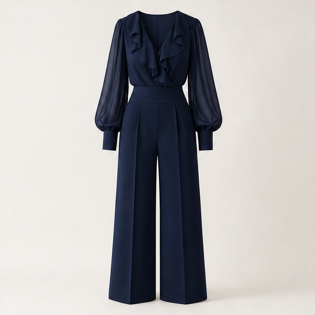 Adeline Women's Ruffled V-Neck Chiffon Top and Wide Leg Trousers Two Piece Set Navy