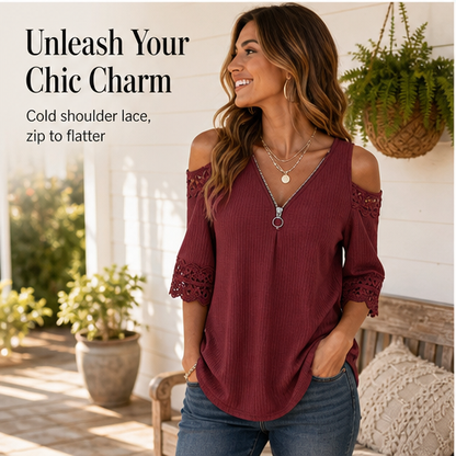 Burgundy Cold Shoulder Lace Top | Zip Front Blouse for Women - Ribbed Knit with Floral Lace Sleeves features