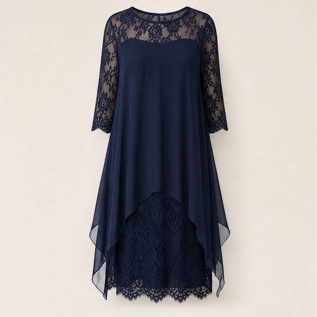 Black Lace Asymmetrical Hem Dress | Elegant Occasion Wear for Women - 3/4 Sleeve Chiffon Overlay Navy