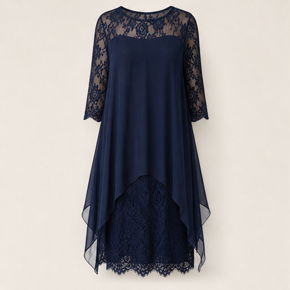 Black Lace Asymmetrical Hem Dress | Elegant Occasion Wear for Women - 3/4 Sleeve Chiffon Overlay Navy
