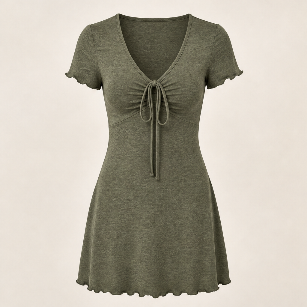 Taupe V-Neck Mini Dress | Cinch-Tie Front Fit-and-Flare - Short Sleeve Bodycon Style Olive
