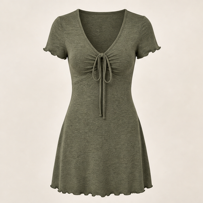 Taupe V-Neck Mini Dress | Cinch-Tie Front Fit-and-Flare - Short Sleeve Bodycon Style Olive