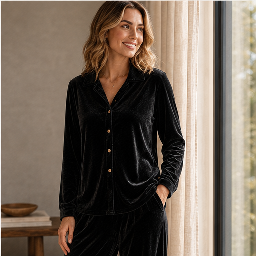 Black Velvet Loungeset | Two-Piece Shirt & Wide Leg Trouser Set for Women features