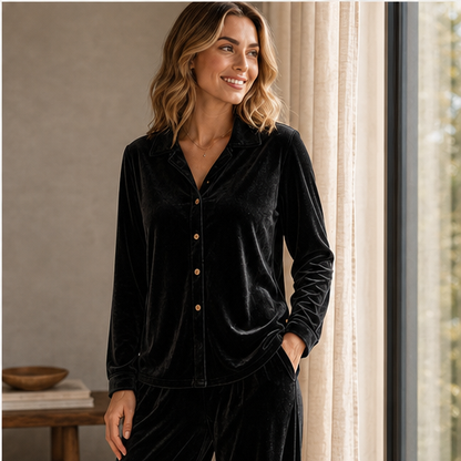 Black Velvet Loungeset | Two-Piece Shirt & Wide Leg Trouser Set for Women features
