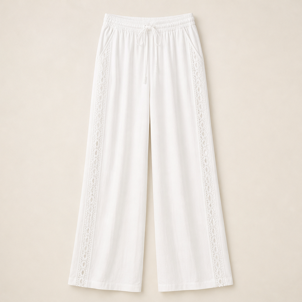 Teal Lace Trim Trousers | Bohemian Wide Leg Linen Style - Elastic Waist Holiday Pants White