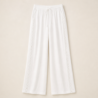 Teal Lace Trim Trousers | Bohemian Wide Leg Linen Style - Elastic Waist Holiday Pants White